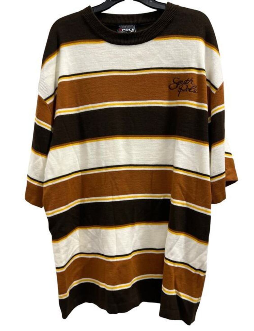 Vintage Southpole open arm tan brown stripe logo sweater sz XL